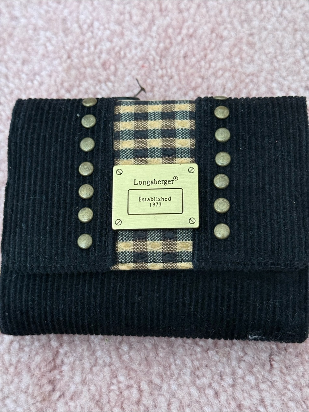 Longaberger Black Corduroy Wallet with Tan Plaid Trim